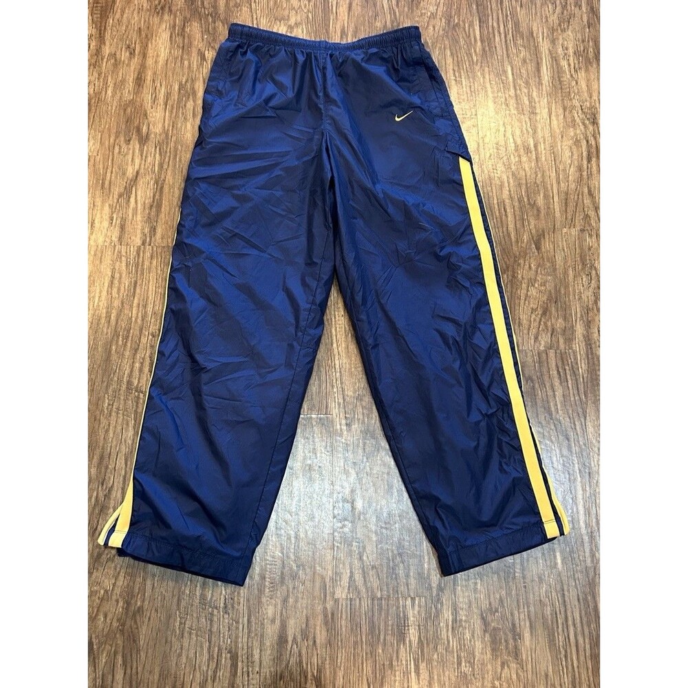 Nike Y2K Navy Track Pants Zip Hem Elastic Waist Gold Stripe Athletic Warm Up